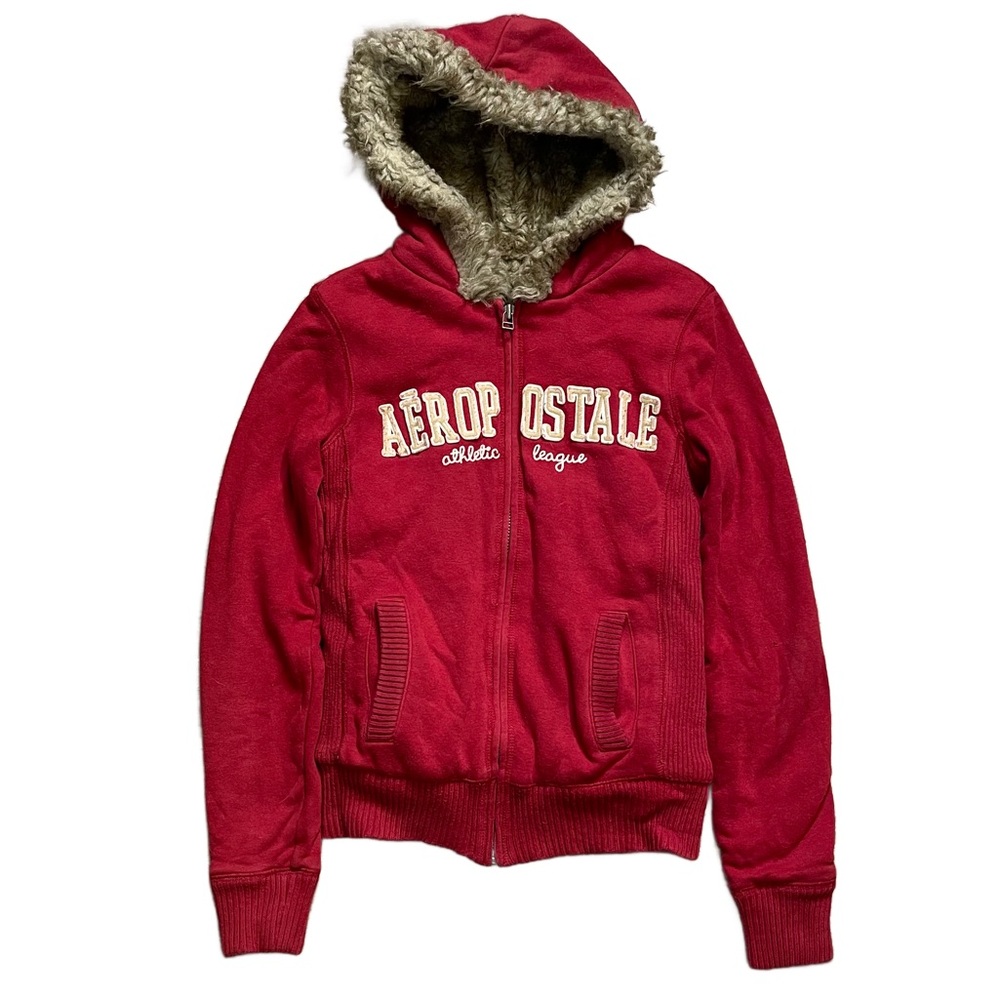 Aeropostale Y2K Faux Fur Lined Zip Up Hoodie S Red Rare